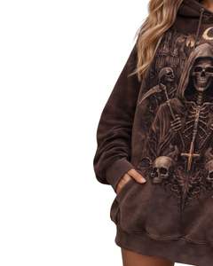 Sudadera con Capucha Gráfica de Calavera Gótica Marrón para Mujer, Sudadera Holgada de Estilo Urbano, Sudadera con Capucha de Forro Polar, Ropa Casual de Invierno - Product Image 4