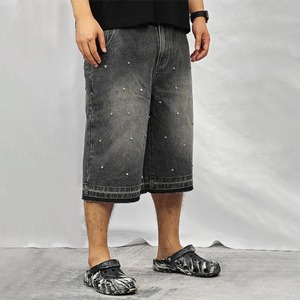 Ropa de calle de verano para hombre Y2K, pantalones cortos vaqueros deshilachados de gran tamaño, pantalones largos holgados negros y grises, lavado con diamantes de imitación, ajuste holgado lavado oscuro - Product Image 3