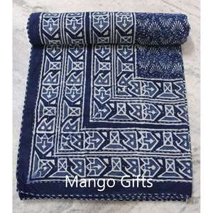 100% Cotton Indigo Hand Block Print Kantha <b>Quilt</b> <b>Handmade</b> Double Size Traditional Indian Home Decor Bedcover Embroidered Duvet - Product Image 1