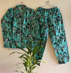 Conjunto de ropa de dormir de algodón azul con cuello en V para mujer, traje de noche con estampado de animales de mono Sexy elegante, pijama cómodo transpirable de talla grande - Product Image 1