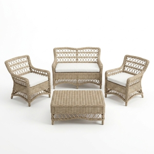 Natural Woven <b>Rattan</b> Outdoor <b>Sofa</b> Set 4 Piece Lattice Loveseat Armchairs Rectangular Coffee Table Setup Pure Art Design - Product Image 1