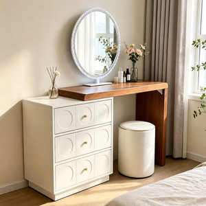 Ensemble de <span class=keywords><strong>coiffeuse</strong></span> moderne <span class=keywords><strong>blanc</strong></span> pour chambre à coucher avec miroir ovale éclairé, table de maquillage, commode à 1 tiroir, surface en bois, <span class=keywords><strong>meuble</strong></span> de maquillage - Product Image 1