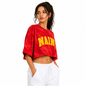 Loose Fit Oversized Crop <b>Top</b> Women Chenille Embroidery Cotton T Shirt Cropped Streetwear Casual Summer Fashion <b>Top</b> - Product Image 2