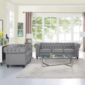 Chesterfield sofa set with leather grey solid mahogany wood - antique Wood Furniture Handmade manufacture from Jepara Indonesia