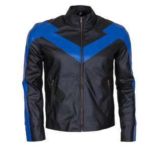 Los hombres de encargo del fabricante al por mayor negro y azul de moda de cuero brillante Biker chaqueta de cuero OEM - Product Image 1