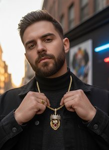 Pendentif unisexe en argent sterling fait main avec émail tendance en forme de couronne, serti de moissanite VVS de qualité brillante en 3D en forme de visage de lion glacé - Product Image 2