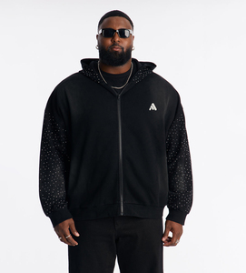 Sweat à capuche noir pour homme, vente en gros, vintage, teint, avec strass, lourd, chaud, imprimé sur mesure, surdimensionné, en coton, printemps, automne, hiver - Product Image 1