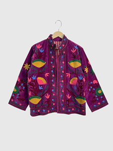 Veste en velours violet brodée de fleurs, col mandarin, manches longues, broderie à la main, vêtements d'automne pour femmes - Product Image 1