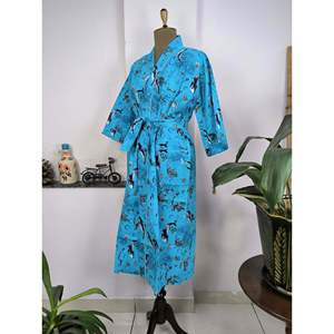 Robe Kimono Bohème Imprimée à la Main en Pur Coton, Vêtement de Plage, Motif Poisson de l'Océan - Product Image 6