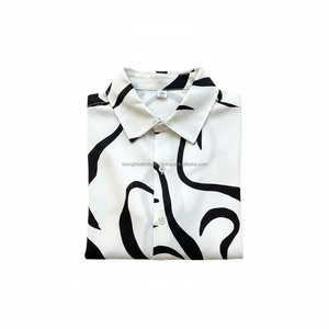 Chemise décontractée à manches courtes pour homme, imprimé abstrait tourbillonnant blanc et noir, chemise de plage d'été, col cubain, style hawaïen, respirante - Product Image 6