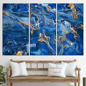 Impression sur toile minimaliste moderne : Art en marbre bleu et or, lot de 3 toiles - Product Image 1