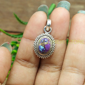 Colgante de Plata de Ley 925 con Cabujón Ovalado de Turquesa Cobre Púrpura Natural, Marco de Cuentas Hecho a Mano, Joyería Tribal Vintage Boho - Product Image 5