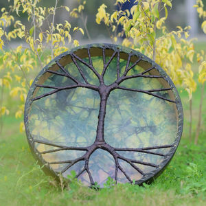 Tambour à cadre fait main avec motif Arbre de Vie, en cuir teint écologiquement pour la méditation et la guérison sonore - Product Image 4