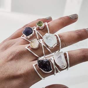 Anillo de Piedras Preciosas en Bruto para Mujer, Esmeralda Natural, Zafiro, Tanzanita, Herkimer, Joyería de Plata de Ley 925 - Product Image 1