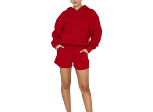 Ropa deportiva de Invierno para mujer, conjunto de 2 piezas con capucha y pantalones cortos con insignia de logotipo personalizado, tela tejida de diseño frontal - Product Image 4