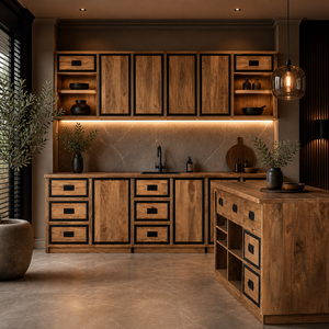 Îlot de cuisine en bois de manguier massif Nexa avec unité de rangement |   Armoire industrielle moderne 5 tiroirs 2 étagères Cadre en métal noir |   Personnalisé - Product Image 2