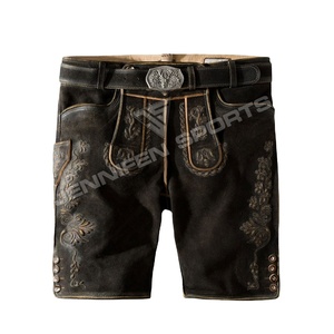 Hombres con estilo bávaro corto Lederhosen cuero de vaca genuino bordado de cuero de ante en los botones delanteros lados de cierre y bolsillos traseros - Product Image 1