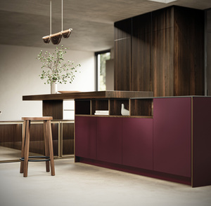 Ensemble de meubles de cuisine modulaires de luxe en verre rouge cramoisi, fabriqués sur mesure à 100 % en Italie, avec grand rangement en verre LED et îlot de cuisine - Product Image 5