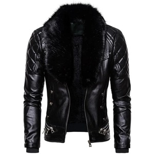 Blouson aviateur de moto d'hiver pour hommes Slim Fit chaud en PU avec col en fourrure de mouton Manteau de motard en cuir et toile du Nouvel An - Product Image 6