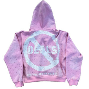 Sudadera con capucha unisex estampada y bordada, con cremallera frontal, de algodón tejido, informal, holgada, oversize, para invierno, color rosa - Product Image 3