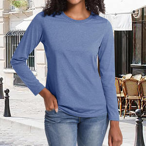 Solid Color Cotton Women's T-Shirt Custom-Neck Solid Color <b>Long</b>-Sleeved T-Shirt Breathable Female Plus Size Women's t Shirt - Product Image 3