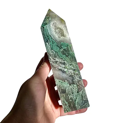 Agata di muschio Druzy di alta qualità grande torre di cristallo pietra preziosa minerale verde naturale guarigione lucidata 4 bacchetta sfaccettata per la decorazione
