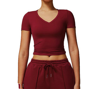 Hauts de yoga à col en V écologiques pour femmes T-shirt à manches courtes pour l'été Débardeur skinny confortable pour courir des chemises Slim Fit - Product Image 1