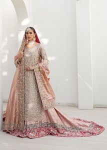 Bridal Heavy Zari Broderie Travail Long Kurta Trail Lehenga Robe 2023 Collection Embelli Cristal Perles De Verre Dabka En Soie - Product Image 2