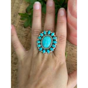 Southwest Handmade Kingman Turquoise <b>Sterling</b> <b>Silver</b> <b>Adjustable</b> Cluster <b>Ring</b> - Product Image 2