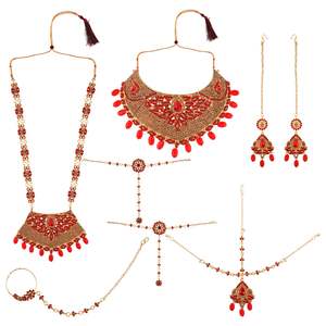 Collier de mariage de mariée Bollywood traditionnel boucle d'oreille Maang Tikka tête chaîne nez anneau Bracelet ensemble de bijoux - Product Image 1