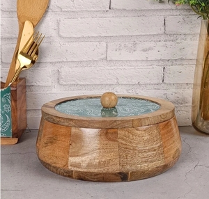 Couvercle imprimé Paisley vert fabriqué à la main MangoWood Taper Chapati Box Hot Pot Casserole avec couvercle décor de cuisine Rond bois Roti Dabba - Product Image 2