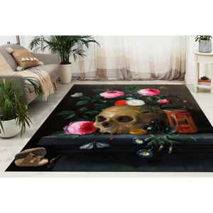 Alfombra Barroca con Diseño Floral de Calaveras: Tapete Gótico de Estilo Académico Oscuro, Alfombra Delgada No Tejida - Product Image 4