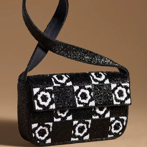 Handmade <b>Black</b> White Checkered Beaded Shoulder <b>Bag</b> Floral Motif Women <b>Small</b> Flap Evening Party Handbag Retro Style Clutch Purse - Product Image 1