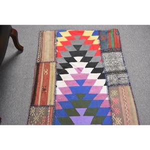Turkish Rug, 2.5x10.6 ft Vintage Rug, <b>Red</b> Blue Animal Print <b>Wool</b> Rug - Product Image 4
