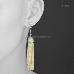 Boucles d'oreilles pampilles en diamant naturel, nouveau bijou en perles d'eau douce, fabriqué en couleur unie, blanc, or 18k - Product Image 4
