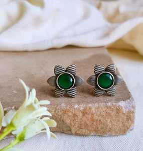 Flower Shape <b>Silver</b> Oxidised Monalisa Stone <b>Stud</b> <b>Earring</b> <b>Set</b> Trending Indian Brass Designer Jewellery Gold Plated for Girls - Product Image 1