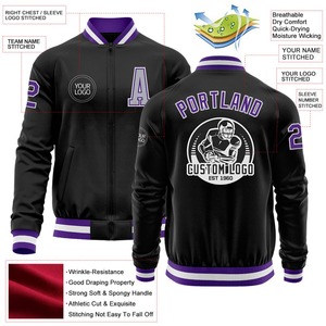 Custom <b>Black</b> Purple-Gray Bomber Varsity Letterman Zipper Jacket Windbreaker Streetwear Vintage <b>Men's</b> Varsity Jacket - Product Image 2