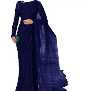 ساري هندي باكستاني مطرز, أحدث فستان من الشيفون مع تسلسل العمل اليدوي الثقيل ، فستان أكثر مبيعاً لعام 2023