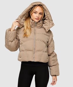 Conception personnalisée femmes Crop Puffer veste kaki pleine fermeture éclair à capuche amovible bulle veste respirante hiver doudoune pour les femmes - Product Image 1