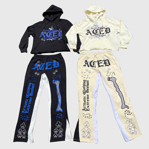 Sweat à capuche personnalisé épais 500gsm 100% coton imprimé bouffant polaire Baggy empilé pantalon de survêtement évasé et ensemble sweat à capuche survêtement pour hommes - Product Image 3