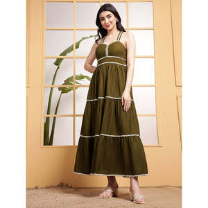 DEEBACO Vestido de Rayón Liso Color Oliva para Mujer, con Escote Corazón, Sin Mangas, Corte Ajustado y Evase, Largo Maxi, para Fiesta, Casual, Estilo Western - Product Image 3