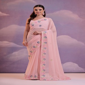 Dernier sari indien traditionnel exclusif en georgette douce, broderie imprimée, travail de séquence de zari, sari élégant pour mariage de mariée - Product Image 1