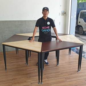 Set of 6 Trapezoidal <b>Tables</b> Minimalist Design Made of Rubber Wood with Iron Cone Legs <b>Office</b> Furniture-HBLG045 - Product Image 5