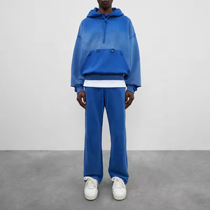 Bleu ciel poids lourd surdimensionné déchiré streetwear hommes graphique soleil délavé vintage lavage à l'acide sweat à capuche en détresse sweats à capuche - Product Image 4