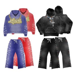 Conjunto de Sudadera Corta con Capucha y Chándal Acampanado Apilado, con Parche Desgastado por el Sol Personalizado, Aplique Bordado y Lavado Ácido, para Invierno - Product Image 3