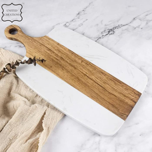 Tabla de cortar de mármol de madera de acacia con mango Tabla de cortar de cocina para queso Carne y pan empaquetados en caja - Product Image 6