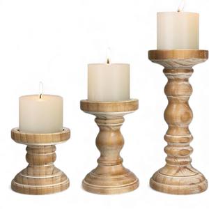 <b>Set</b> of Natural Maple Wood <b>Candle</b> Holders with Elevated Round Platform for Classic Pillar Display - Product Image 2