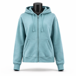 Sudadera con capucha clásica para mujer, con cremallera completa, de forro polar, color azul verdoso sólido, estilo casual urbano, personalizable con logotipo OEM. - Product Image 1