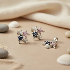 Ensemble de boucles d'oreilles et de pendentif en argent avec fleurs en pierres précieuses fines - Product Image 2