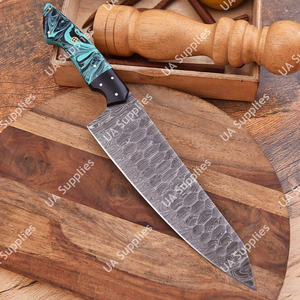 Couteau de chef Damas moderne, finition brossée, manche en résine turquoise, 8 pouces, ambidextre, écologique, forgé à la main, étui en cuir - Product Image 3